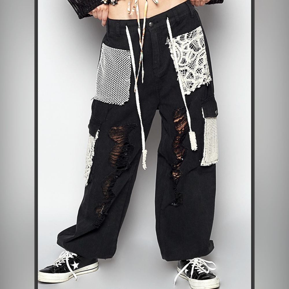 POL Black Distressed Pant with Crochet Details.Stylish vintage wash & patchwork